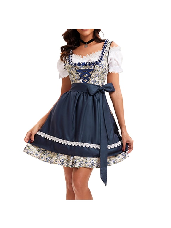 Women's Dirndl Dress Square Neck Short Sleeve A-Line Mini Dress for Oktoberfest Party Festival Celebration