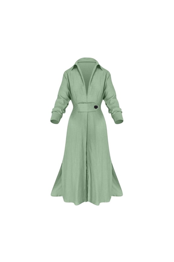 Women's Dress Lightweight Fall Plus Size Fashion High Waisted Button Flip Collar V-Neck Solid Color Waistband Long Sleeved Irregular Casual Daily Shirt Dress Green S