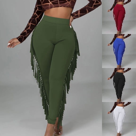 Lovzfmll Women's Dress Pants, Solid Color Slim Fit Trousers with Fringe & Straps, Ankle Length Fashion Party Outfits