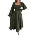 thumbnail image 1 of Lovzfmll Women's Dresses Fashion Fall Lightweight Round Neck Long Sleeve Solid Color Commuting Horn Sleeve Casual Loose Comfortable Maxi Peasant Large Hem Ruffle Dress Army Green S, 1 of 8