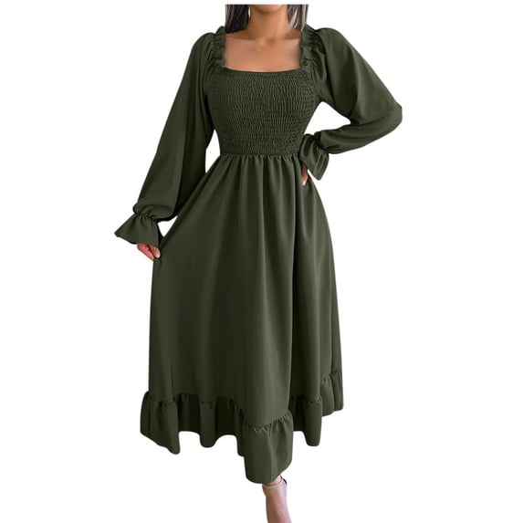 Lovzfmll Women's Dresses Fashion Fall Lightweight Round Neck Long Sleeve Solid Color Commuting Horn Sleeve Casual Loose Comfortable Maxi Peasant Large Hem Ruffle Dress Army Green S