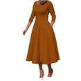 thumbnail image 1 of Lovzfmll Women's Dresses Lightweight Fall Plus Size Fashionable Temperament Solid Color Round Neck Pockets Long Sleeved Casual Loose Comfortable Maxi Peasant Dress Brown XL, 1 of 6