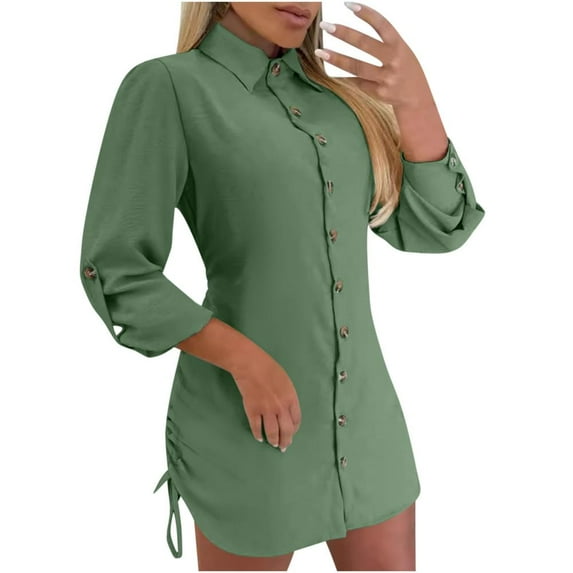 Lovzfmll Women's Dresses Lightweight Fashion Fall Long Sleeved Solid Color Casual Comfortable V-Neck Button Up Collar with Drawstring On Both Sides Mini Shirt Dress Green M