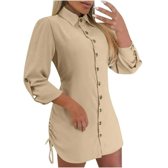 Lovzfmll Women's Dresses Lightweight Fashion Fall Long Sleeved Solid Color Casual Comfortable V-Neck Button Up Collar with Drawstring On Both Sides Mini Shirt Dress Beige M