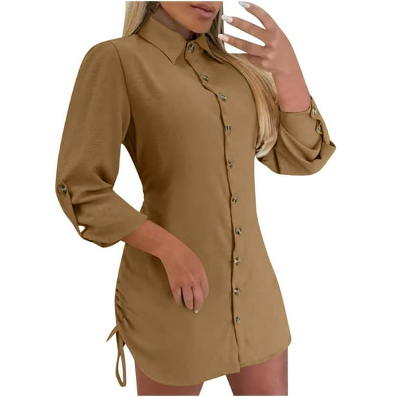 Lovzfmll Women's Dresses Lightweight Fashion Fall Long Sleeved Solid Color Casual Comfortable V-Neck Button Up Collar with Drawstring On Both Sides Mini Shirt Dress Khaki XL
