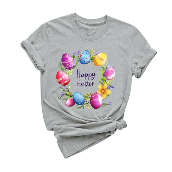 Lovzfmll Women's Easter Print Short Sleeve T-Shirt, Casual Round Neck Pullover Top, Holiday Themed Comfort Tee
