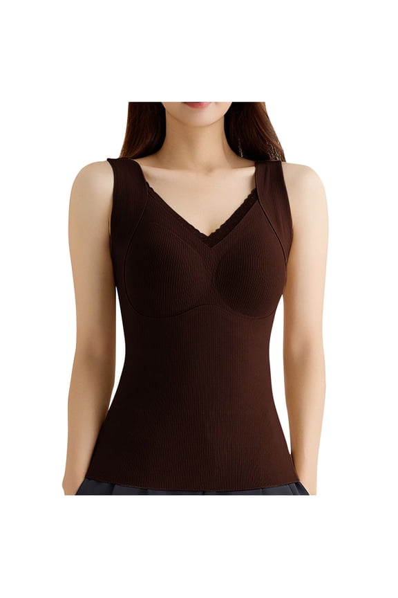 Women's Elegant Lace Trim Thermal Tank with V-Neck, Seamless Built-in Bra with Fleece Lining for Smooth and Warm Base Layer