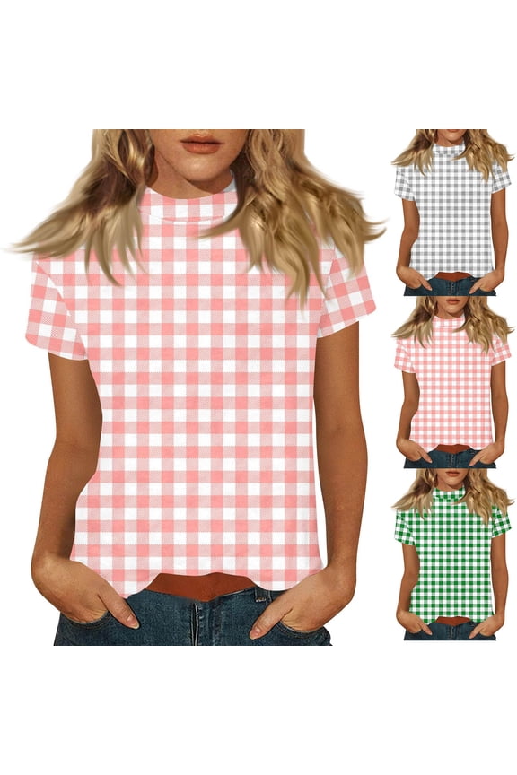 Women's Fashion Irregular Print Loose Casual High Neck Short Sleeve Stand Collar Pullover Top, Cozy and Trendy Going Out Blouse Green, 2XL