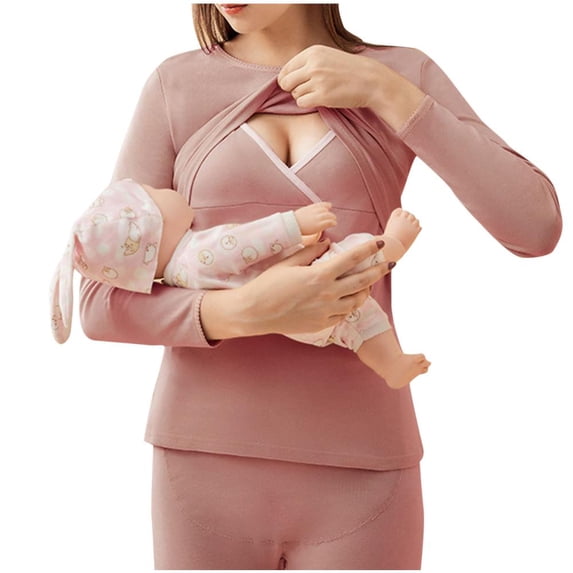 Lovzfmll Women's Fashion Tops Plus Size Long Sleeve Solid Color Round Neck Casual Loose Comfortable Regular Thermal Underwear for Pregnant Women Nursing Clothes T-Shirt Pink L