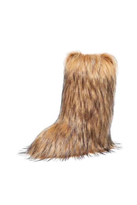 Women's Faux fur Boots, Low Heel Furry Fluffy Snow Mid-Calf Boots, Fur Lined Warm Winter Comfort Outdoor Flat Shoes, 6, Brown