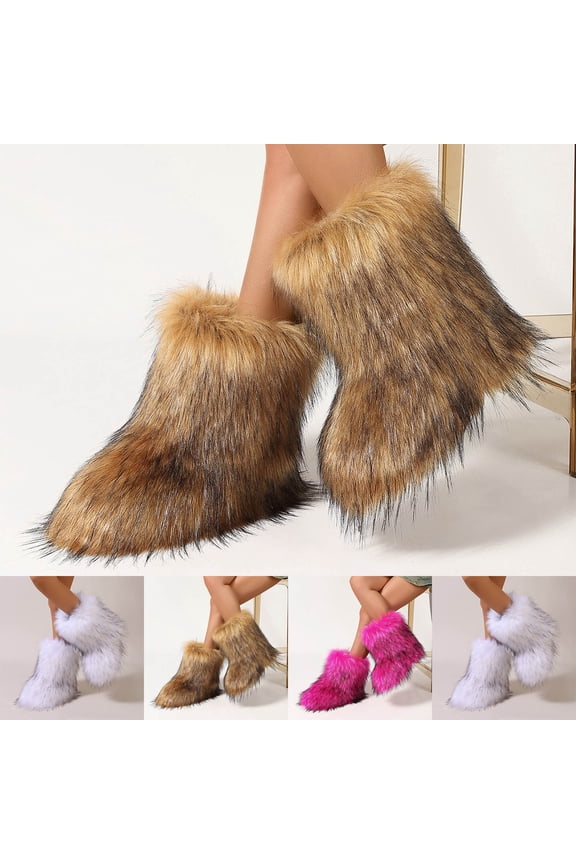 Women's Faux fur Snow Boots, Furry Fluffy Ankle Boots, Round Toe Thick Sole Short Boots, Warm Fall Winter Booties, 5.5, Brown