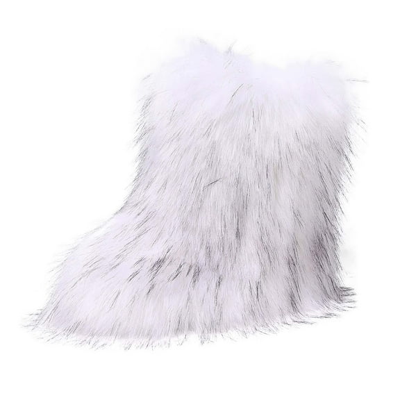 Lovzfmll Women's Faux fur Snow Boots, Furry Fluffy Ankle Boots, Round Toe Thick Sole Short Boots, Warm Fall Winter Booties, 6, White