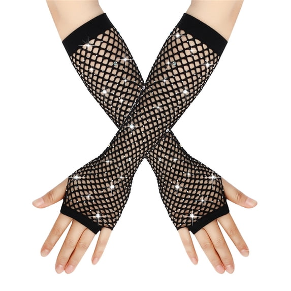 Lovzfmll Women's Fingerless Evening Gloves, Long Mesh Gloves with Rhinestones, Party Club Gloves Stretch Fit for Formal Wear, Black