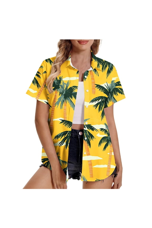Women's Hawaiian Print Short Sleeve Shirt, Button Down Collared Vacation Top, Resort Aloha Style Blouse