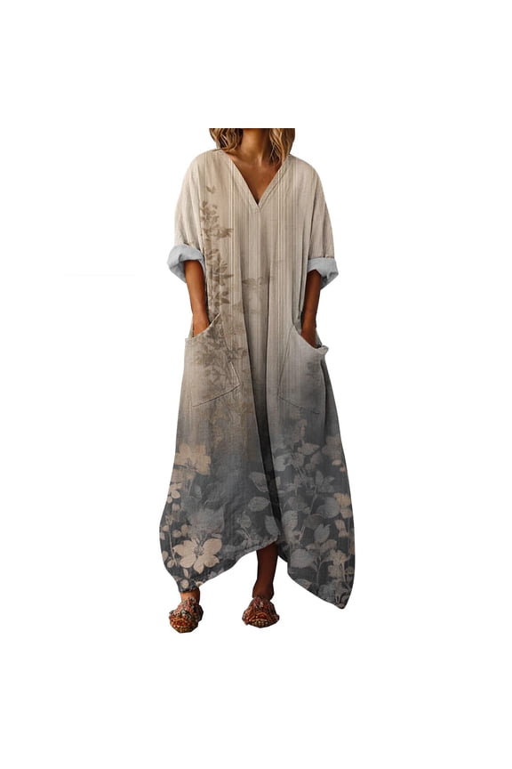 Women's High-Low Dress, Retro Print V-Neck 3/4 Sleeve with Pockets & Asymmetrical Hem, Vacation Maxi Dress Gray, 2XL