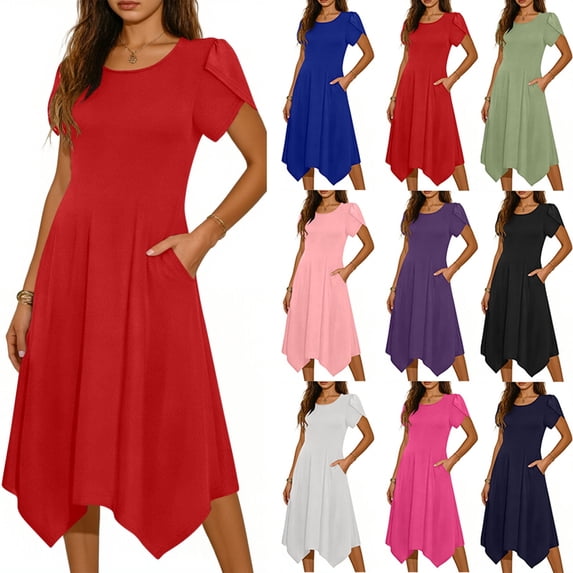 Lovzfmll Women's Sage Casual Dress Short Sleeve High Low Hem Loose Fit A-Line Sundress with Pockets for Everyday Wear