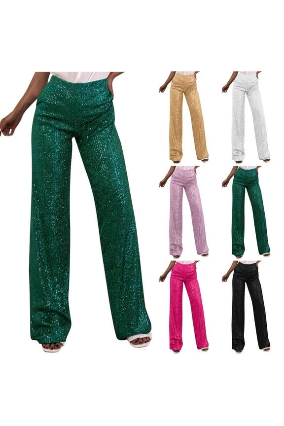 Women's High Waist Sequin Pants, Straight Leg, Casual Full Length Pants Green, S