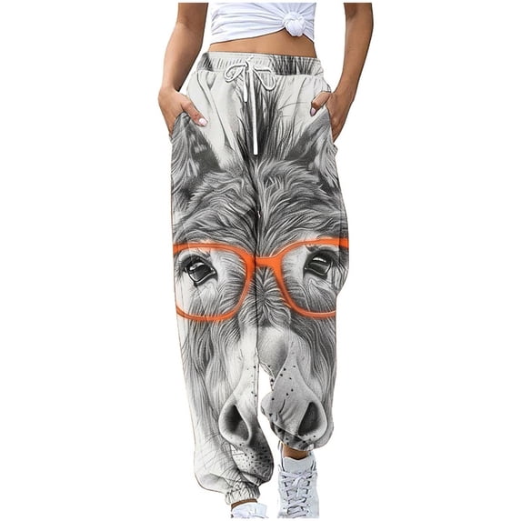 Lovzfmll Women's Jogger Pants, Donkey Print Drawstring Elastic Waist with Pocket, Casual Ankle Length Joggers Gray, S