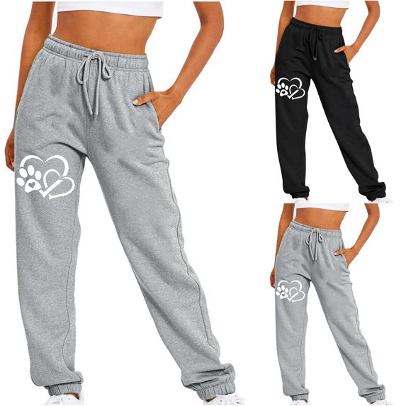 Lovzfmll Women's Jogger Pants, Paw Print Casual Drawstring with Pocket, Loose Ankle Length Joggers Gray, S