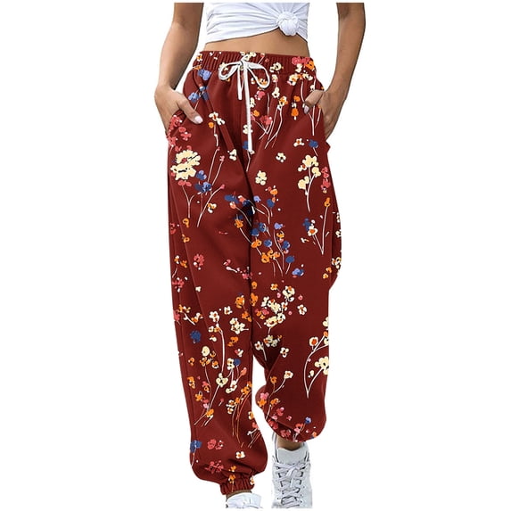 Lovzfmll Women's Jogger Pants, Printed Drawstring Elastic Waist, Casual Ankle Length Joggers Wine, 2XL