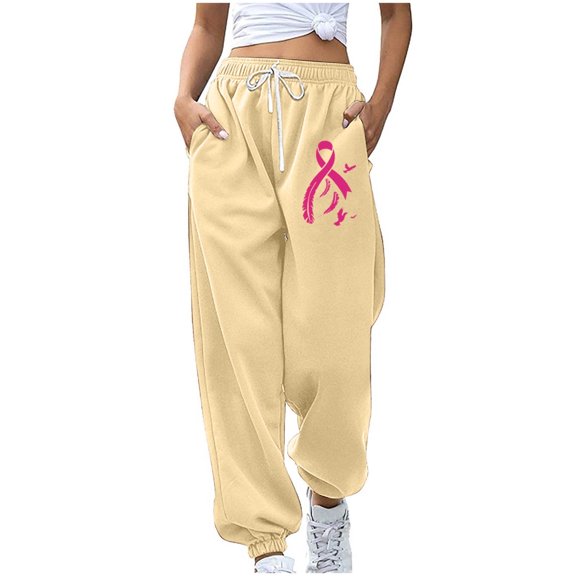 Lovzfmll Joggers for Women, Breast Cancer Ribbon Print Wide Leg Sweatpants, Relaxed Fit Athletic Pants with Pockets, Fall Clothes