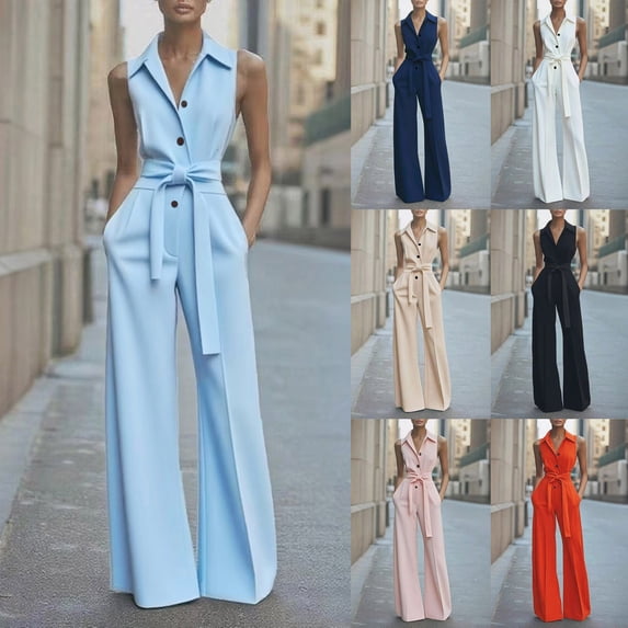 Lovzfmll Women's Jumpsuit, Sleeveless Collared Wide Leg Full Length, Casual Summer Jumpsuit Orange, S