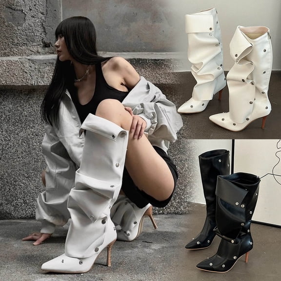 Lovzfmll Women's Knee High Boots, High Heel Pointed Toe Stacked Boots, Stiletto Heel Long Tube Wide Calf Boots, Fashion Fall Winter Shoes, 5.5, White