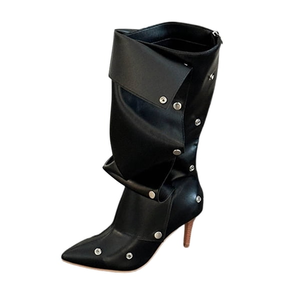 Lovzfmll Women's Knee High Boots, High Heel Pointed Toe Stacked Boots, Stiletto Heel Long Tube Wide Calf Boots, Fashion Fall Winter Shoes, 7, Black