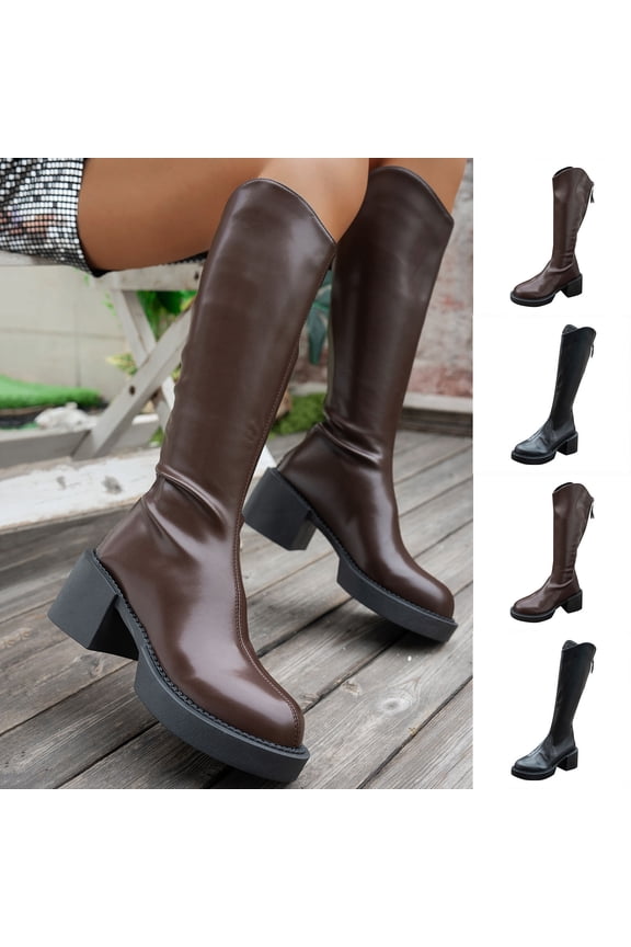 Women's Knee High Boots, V-Cut Chunky Heel Round Toe Boots with Back Zipper, Casual Fall Winter Chelsea Boots Shoes, 5.5, Brown