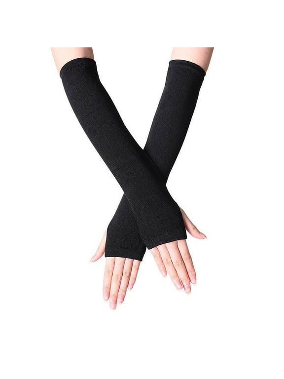 Women's Long Fingerless Gloves, Solid Color Cotton Arm Warmers, Winter Warmth Sleeves for Layering Under Clothing, Black