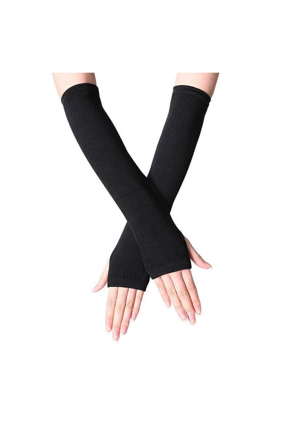 Women's Long Fingerless Gloves, Solid Color Cotton Arm Warmers, Winter Warmth Sleeves for Layering Under Clothing, Black