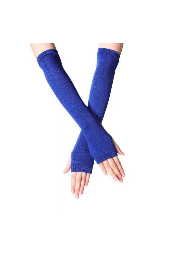 Women's Long Fingerless Gloves, Solid Color Cotton Arm Warmers, Winter Warmth Sleeves for Layering Under Clothing, Blue