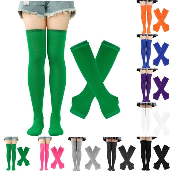 Lovzfmll Women's Long Fingerless Gloves, Solid Color Knit Arm Warmers with Socks Set, Elbow Length Winter Warmth Combo, Green