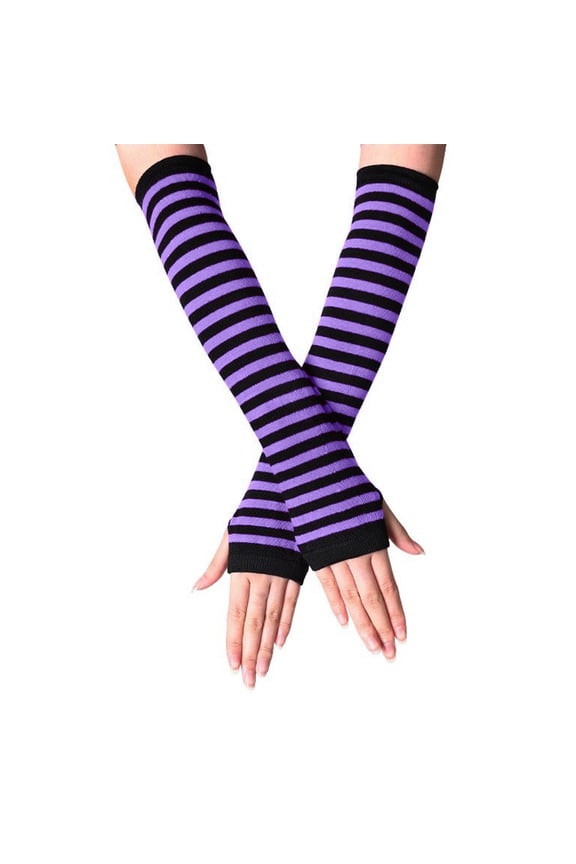 Women's Long Fingerless Gloves, Striped Cotton Arm Warmers in Black, Winter Warmth Sleeves for Casual Wear, Purple