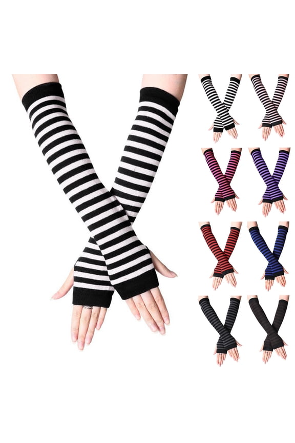 Women's Long Fingerless Gloves, Striped Cotton Arm Warmers in Black, Winter Warmth Sleeves for Casual Wear, White