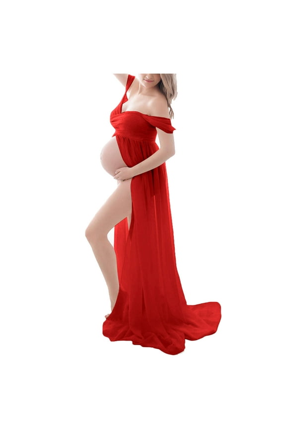 Women's Maternity Dress, Off Shoulder Sleeveless, Casual Pregnancy Slip Maxi Dress Red, M