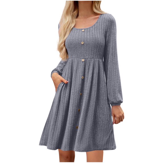 Lovzfmll Women's Mid-Length Dress, Crew Neck Long Sleeve with Button Pocket & Brushed Texture, Casual Shift Dress Gray, S