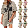 thumbnail image 1 of Lovzfmll Women's Mini Dress, Collared Short Sleeve with Stripe Pocket, Casual Shirt Dress Black, S, 1 of 6