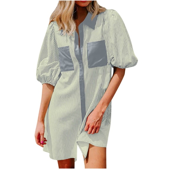 Lovzfmll Women's Mini Dress, Collared Short Sleeve with Stripe Pocket, Casual Shirt Dress Gray, M