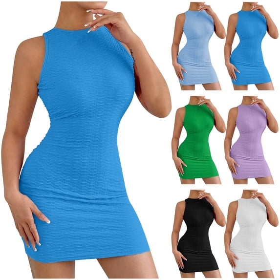 Lovzfmll Women's Mini Dress, Crew Neck Sleeveless, Relaxed Fit Cocktail Dress Sky Blue, XS