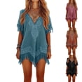 thumbnail image 1 of Lovzfmll Women's Mini Dress, V-Neck Short Sleeve with Fringe, Casual Linen Shift Dress Blue, S, 1 of 9