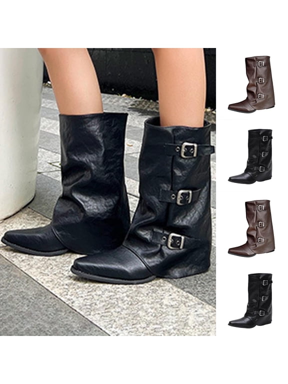 Women's Moto Boots, Plus Size Metal Buckle Pointy Comfortable Mid Heel, Pull-On Mid-Calf Low Heel Pointy Toe Boots for Women, 8.5