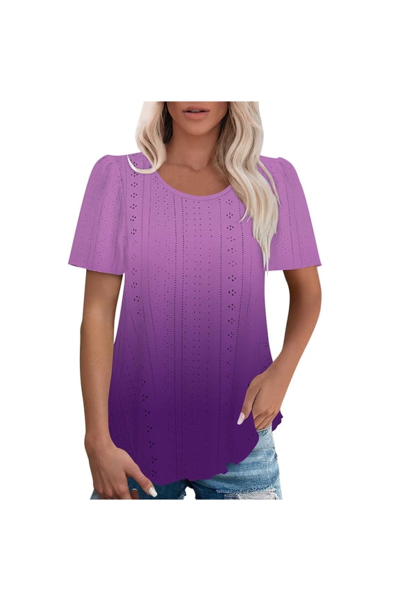 Women's Ombre Color Short Sleeve T-Shirt, Spring Summer Round Neck Top with Puff Sleeves, Fashionable Lightweight Blouse