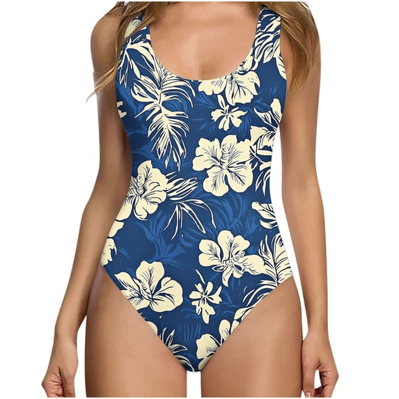 Lovzfmll Women's One Piece Swimsuit Crew Neck Summer Print with Built-In Pads, Dressy Spaghetti Straps Push-Up Low Back Slimming Bathing Suit, Blue L