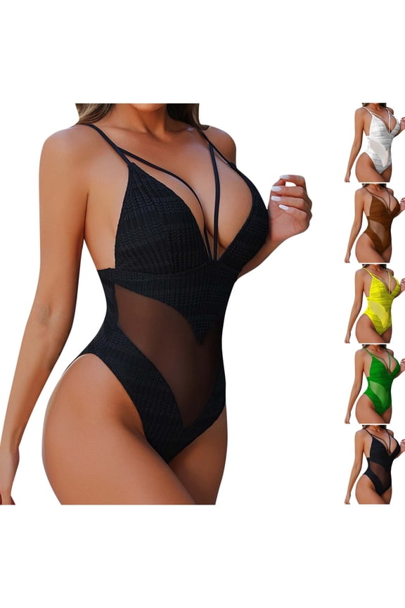 Women's One Piece Swimsuit Deep V-Neck Solid Color Block with Removable Pads, High Cut Spaghetti Straps Push-Up Open Back Bathing Suit, Black S