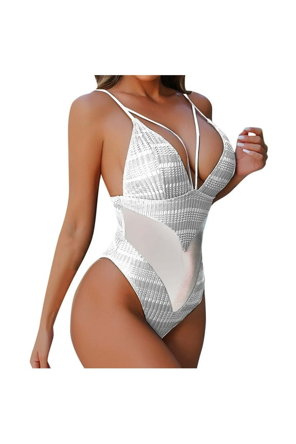 Women's One Piece Swimsuit Deep V-Neck Solid Color Block with Removable Pads, High Cut Spaghetti Straps Push-Up Open Back Bathing Suit, White 2XL