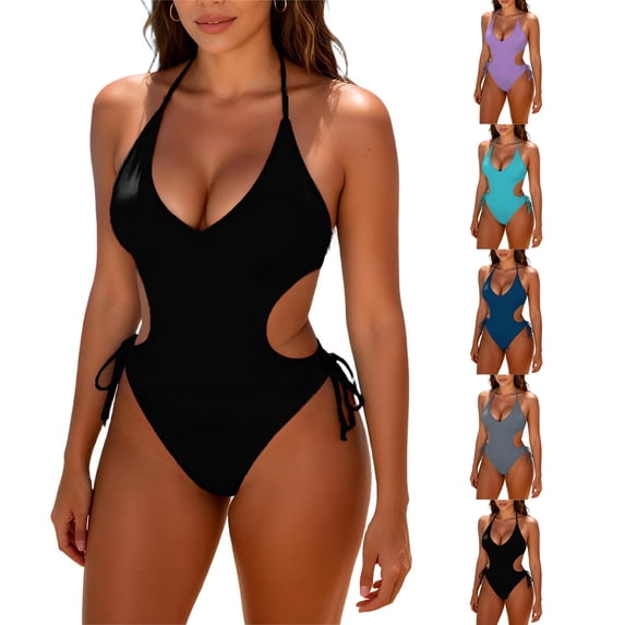 Lovzfmll Women's One Piece Swimsuit Deep V-Neck Solid, Dressy String Bikini Spaghetti Straps Push-Up Open Back with Removable Pads Bathing Suit, Light Blue 2XL