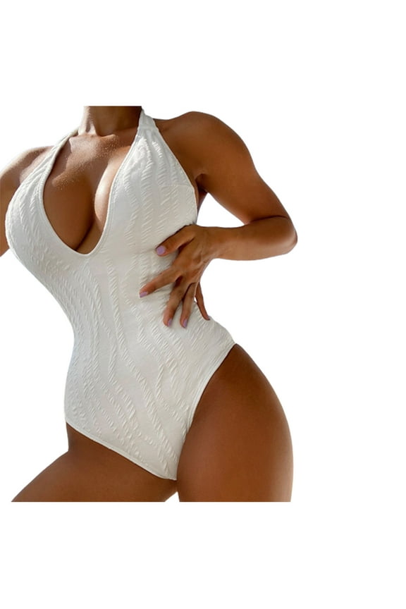 Women's One Piece Swimsuit Deep V-Neck Solid Halter, High Cut Spaghetti Straps Push-Up Open Back Beach Bathing Suit, White M
