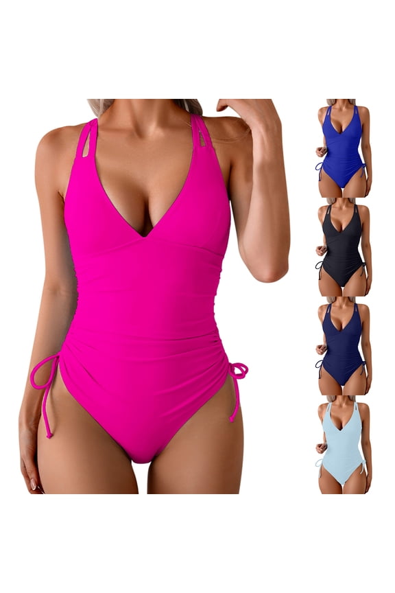 Women's One Piece Swimsuit Set V-Neck 2026 Solid Bikini, Dressy String Halter Push-Up Low Back Fashion Bathing Suit, Hot Pink S