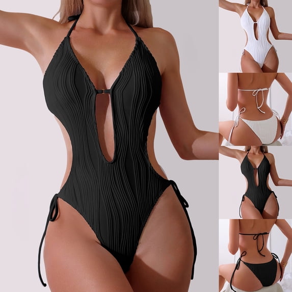 Lovzfmll Women's One Piece Swimsuit Solid Halter Cutout Back, String Bikini Spaghetti Straps Push-Up Open Back Slimming Bathing Suit, White L